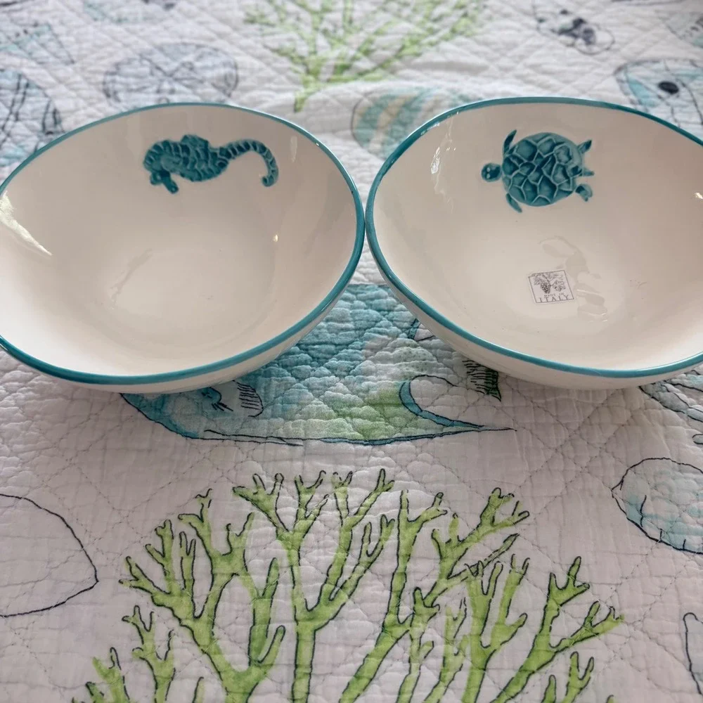 Maioliche Jessica, Italy Ceramic Coastal Bowls Set 2 Sea Turtle Seahorse Teal